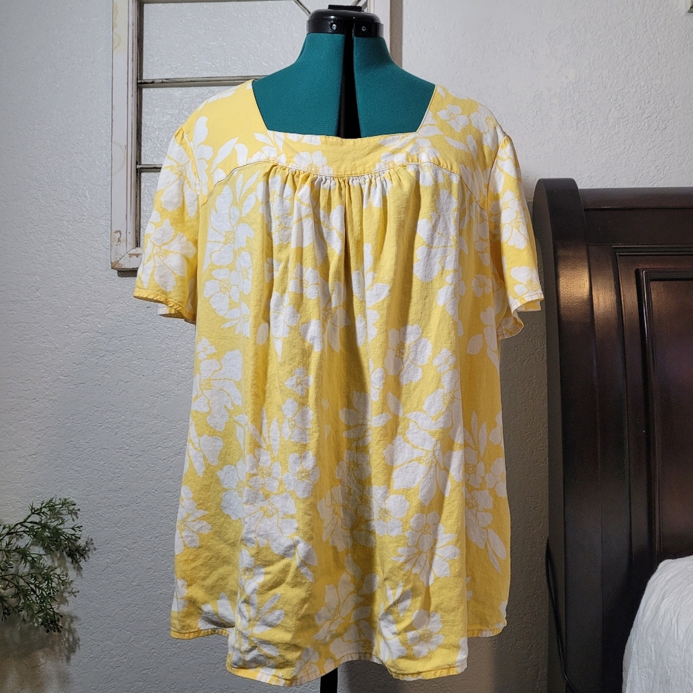 Terra & Sky Yellow and White Plus Size 2XL Floral Print Cotton Square Neckline